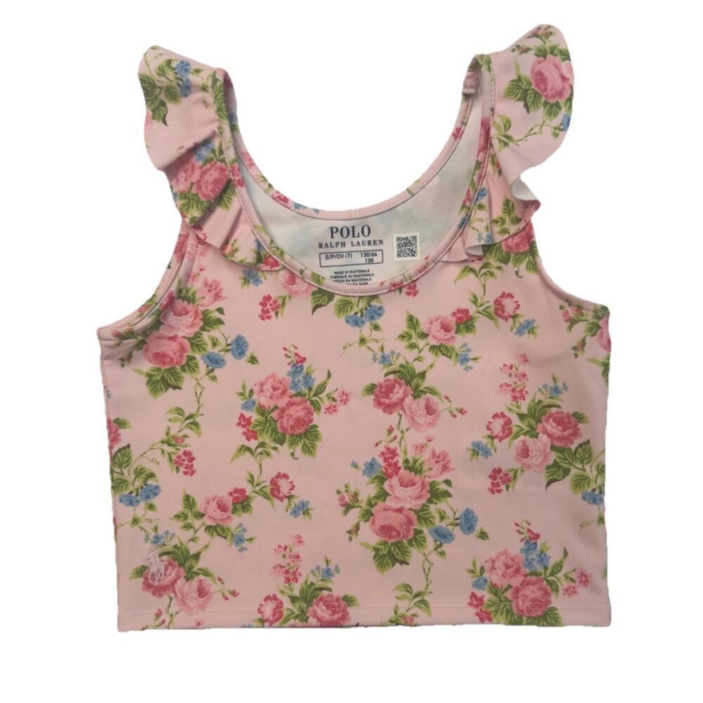 Polo Ralph Lauren Girls Floral Bikini Swim Top Pink Ruffle Size 7